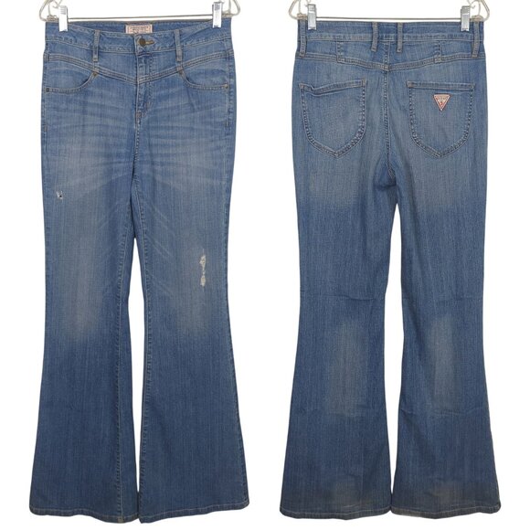 Vintage Guess Jeans Women’s 30 Blue Jeans Bootcut Flare Denim Distressed - Picture 1 of 12
